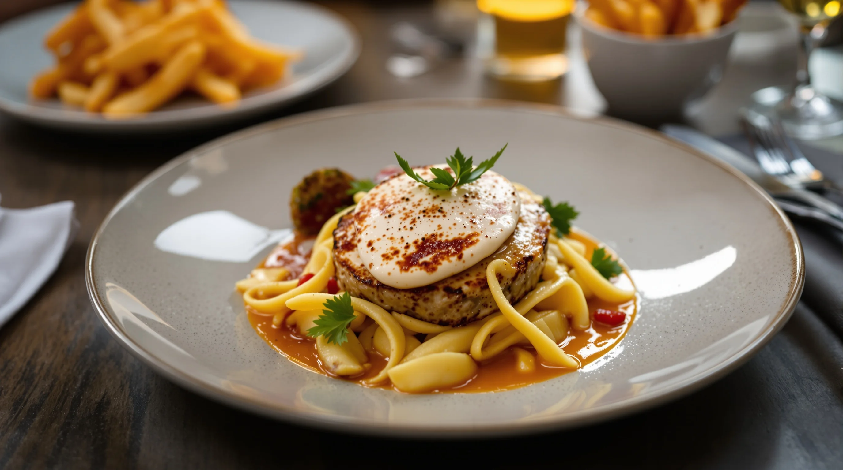 Before-and-after example: a dim smartphone photo transformed into a bright menu-ready image by AI enhancement