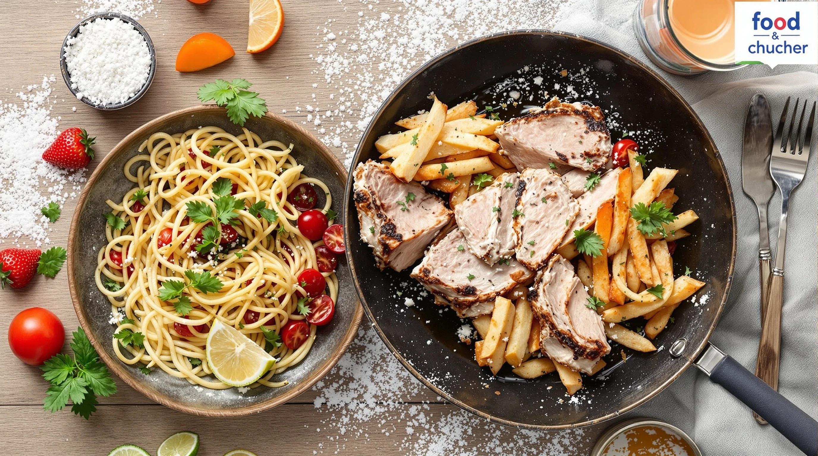 Before-and-after example: simple phone shot transformed into three stylized menu images (bright, moody, close-up)