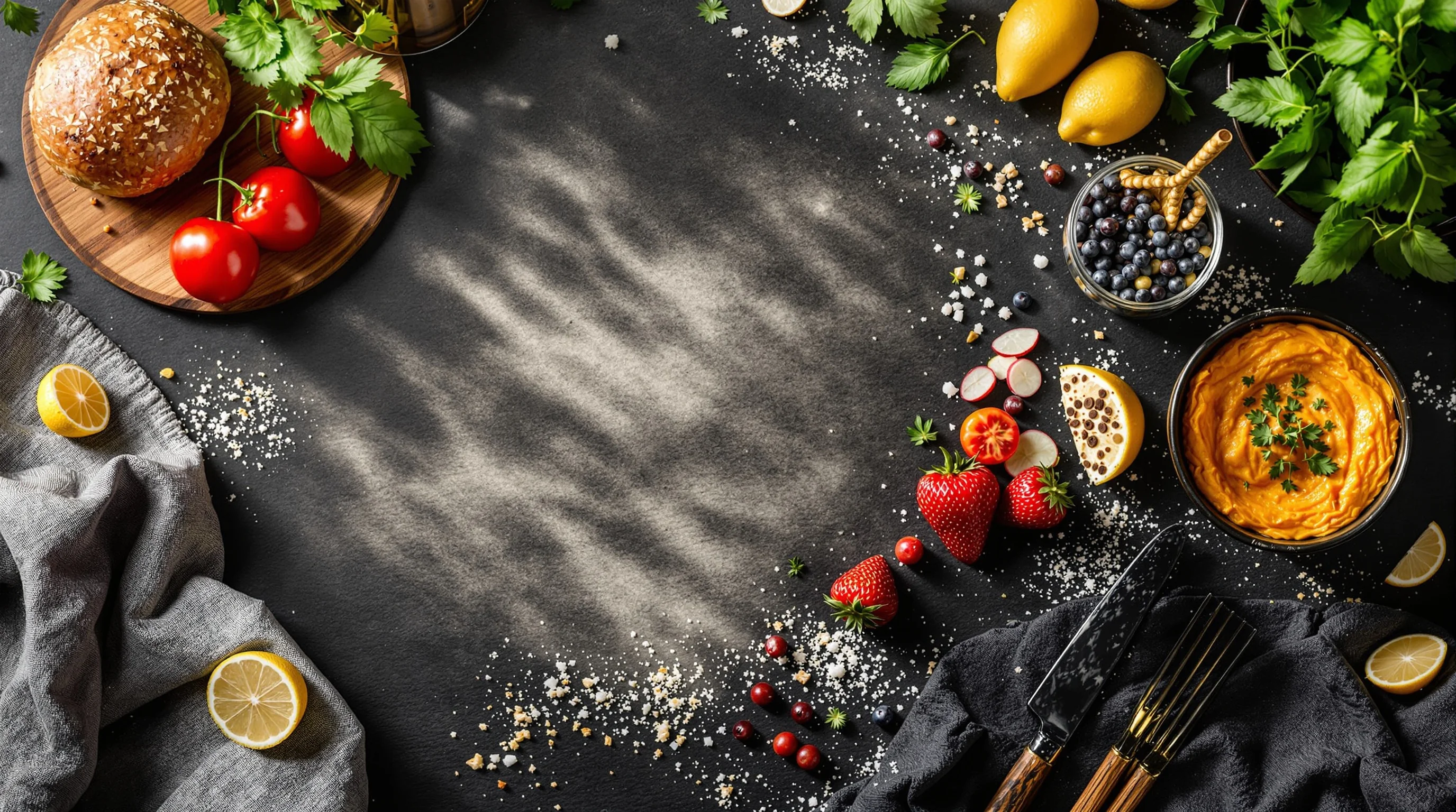 Hero flat-lay of colorful salad on neutral surface with natural light
