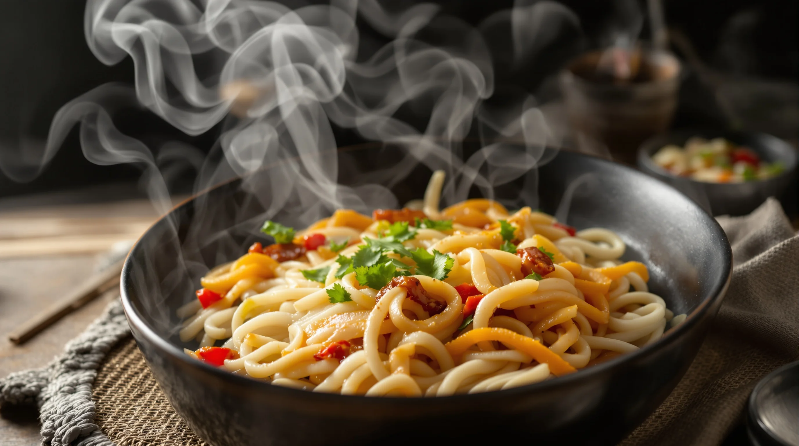 Steaming bowl of ramen from side angle showing swirling steam and vibrant garnishes