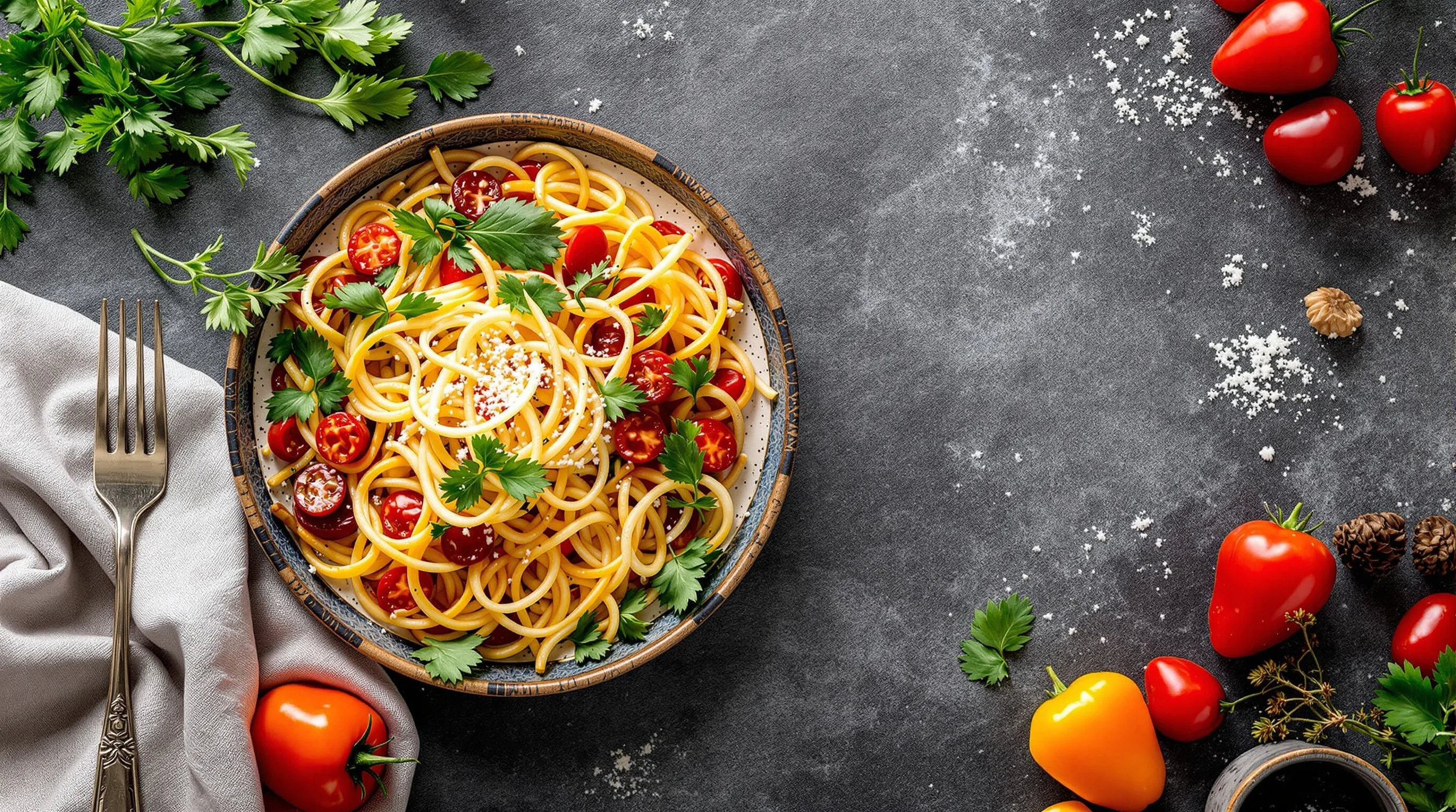 A bright overhead flat-lay of a styled dish on a textured wooden backdrop with herbs and utensils