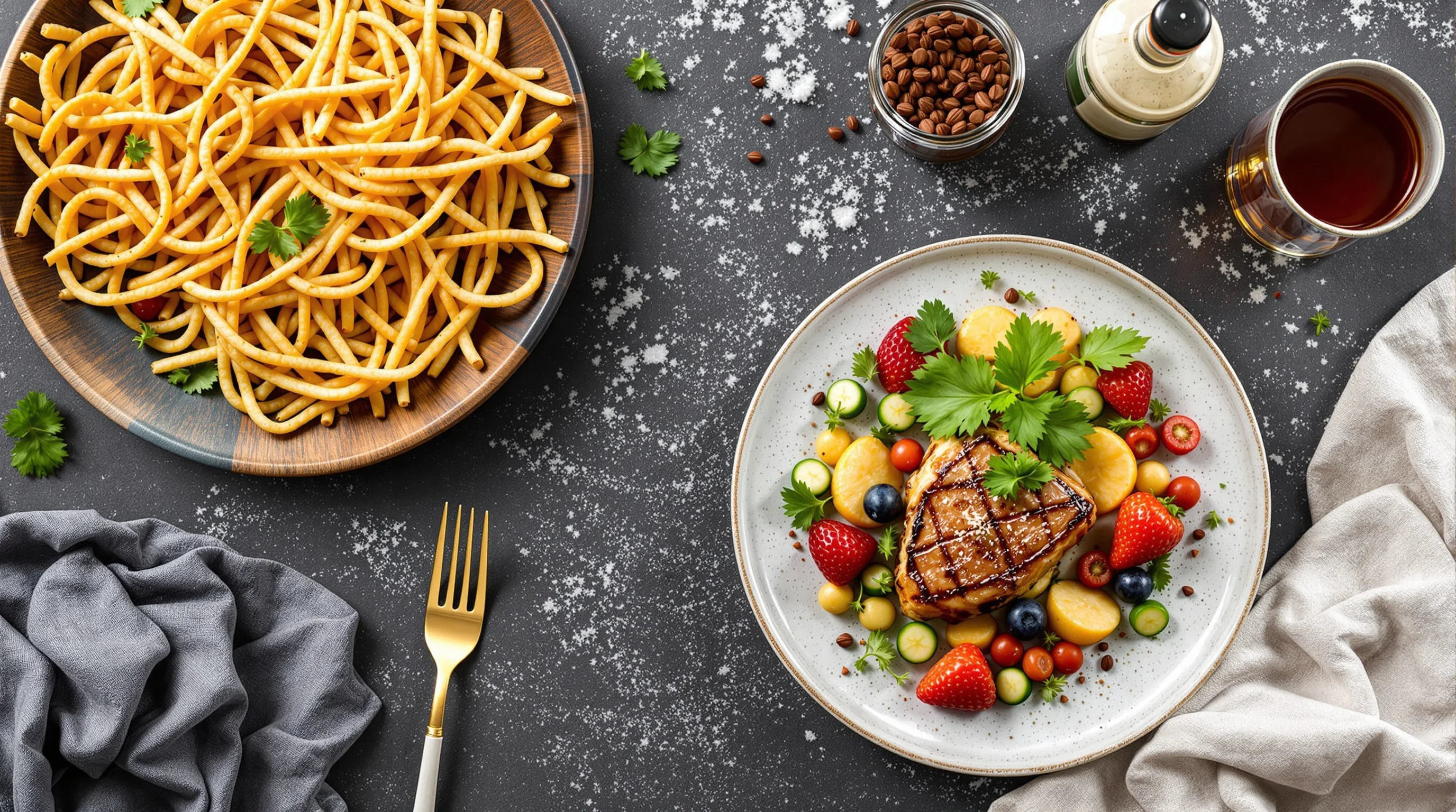 Bright flat-lay of a colorful plated dish positioned on a rule-of-thirds intersection with props on the opposite intersection