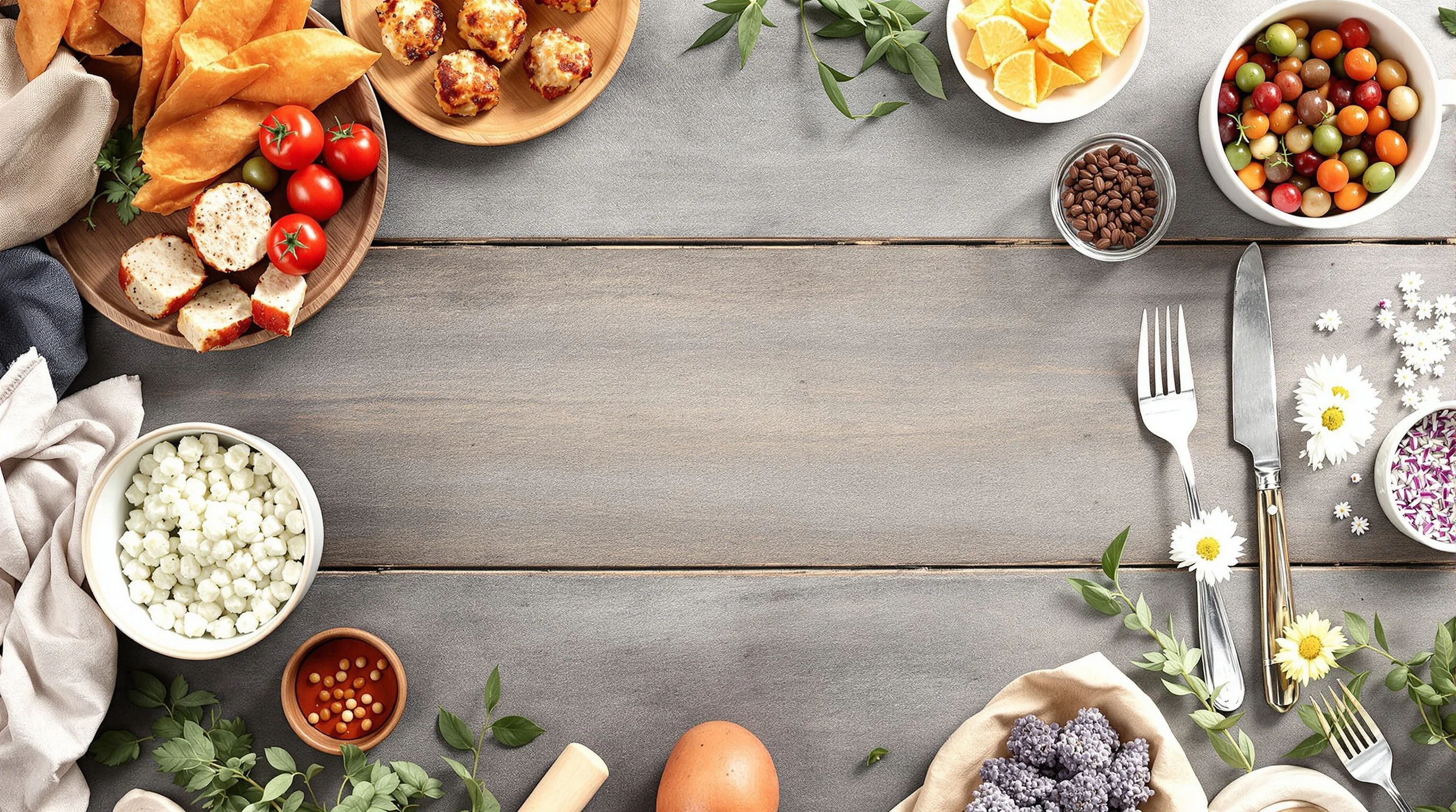 Overhead flat-lay of a styled meal on a rustic wooden board with plates, linens, utensils and herbs