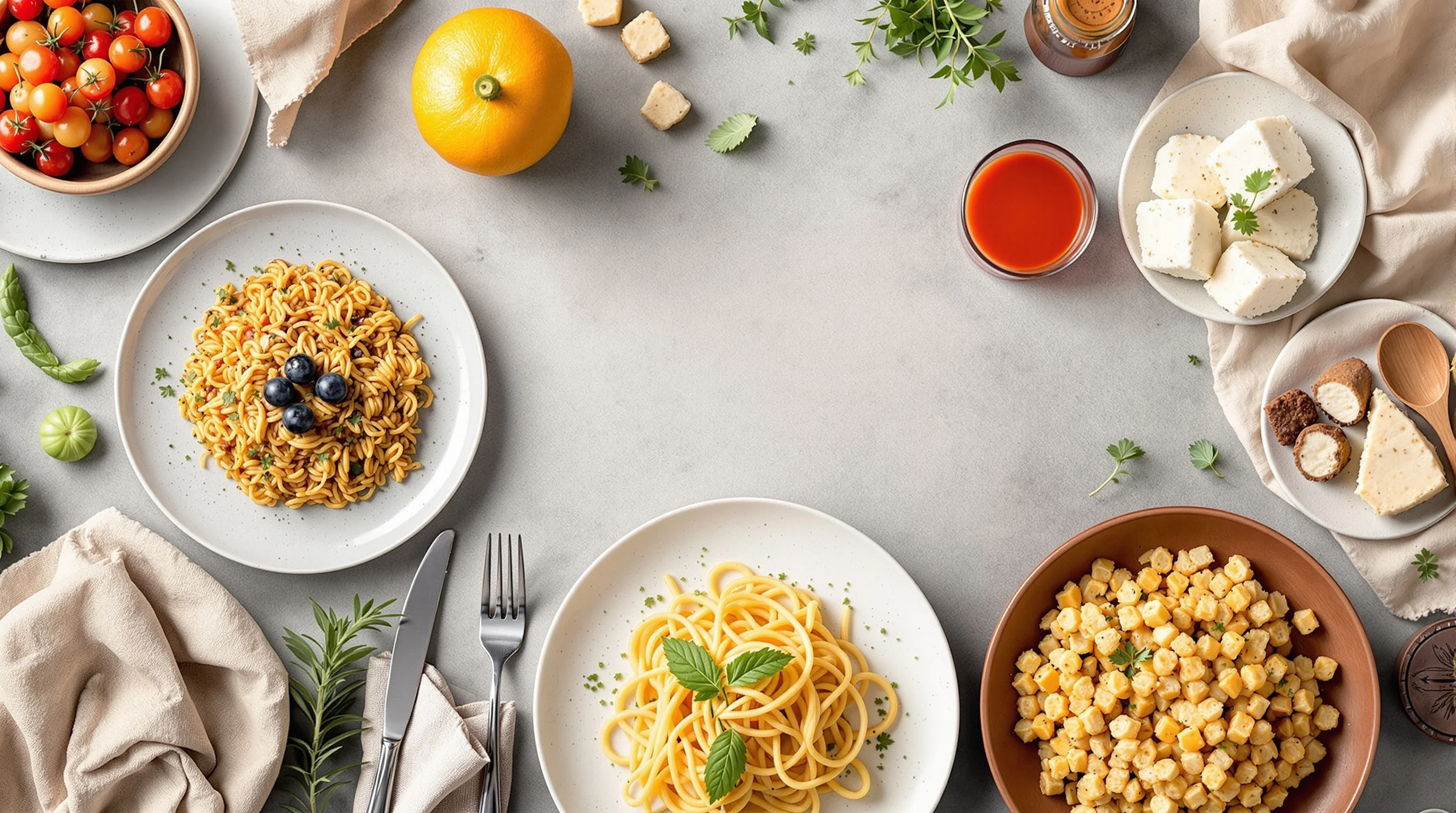 Collection of neutral plates, wooden backgrounds and linen napkins arranged on a table