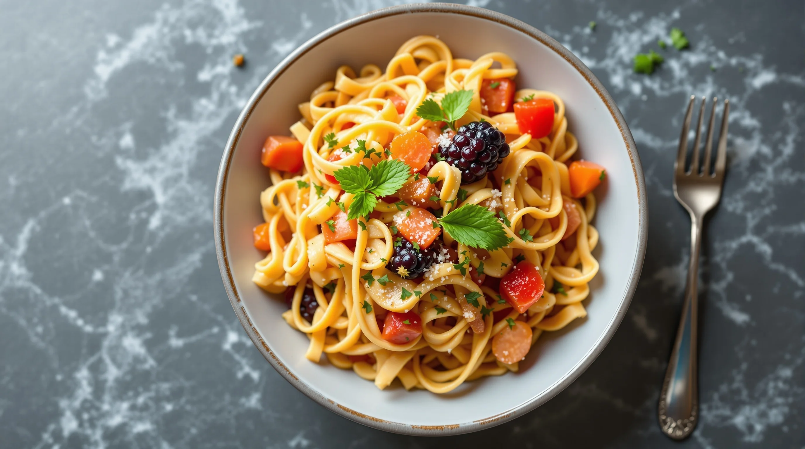 Overhead shot of a colorful, styled dish on a neutral background captured with natural window light