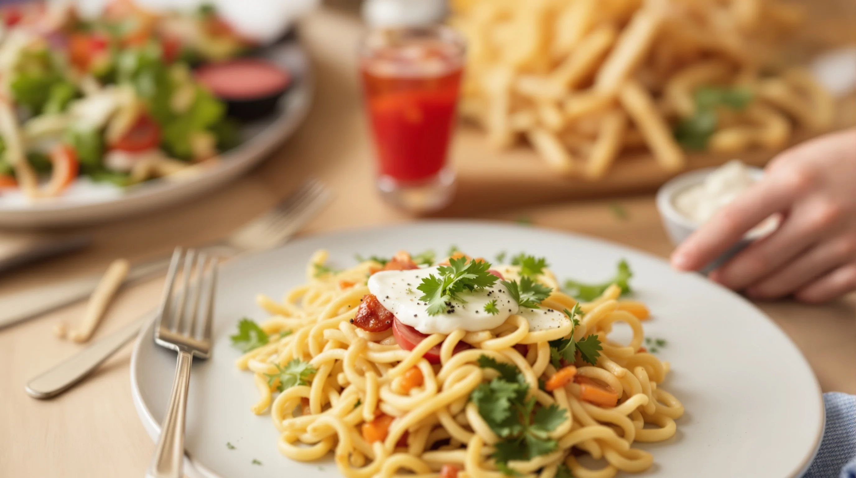 Close-up of pasta showing texture and garnish, shallow depth-of-field