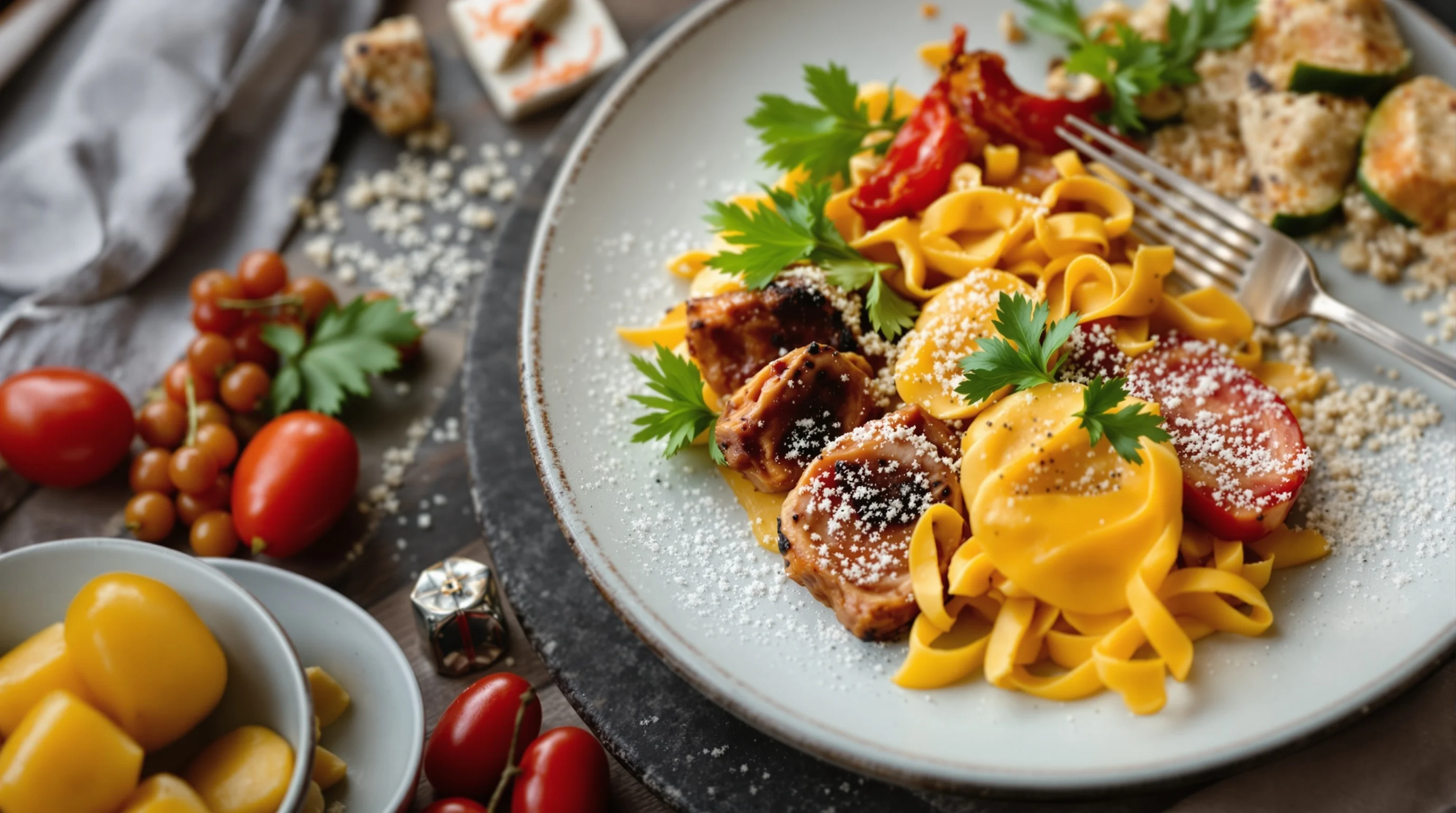 Before-and-after illustration of an AI-enhanced food photo transformed into a polished menu image