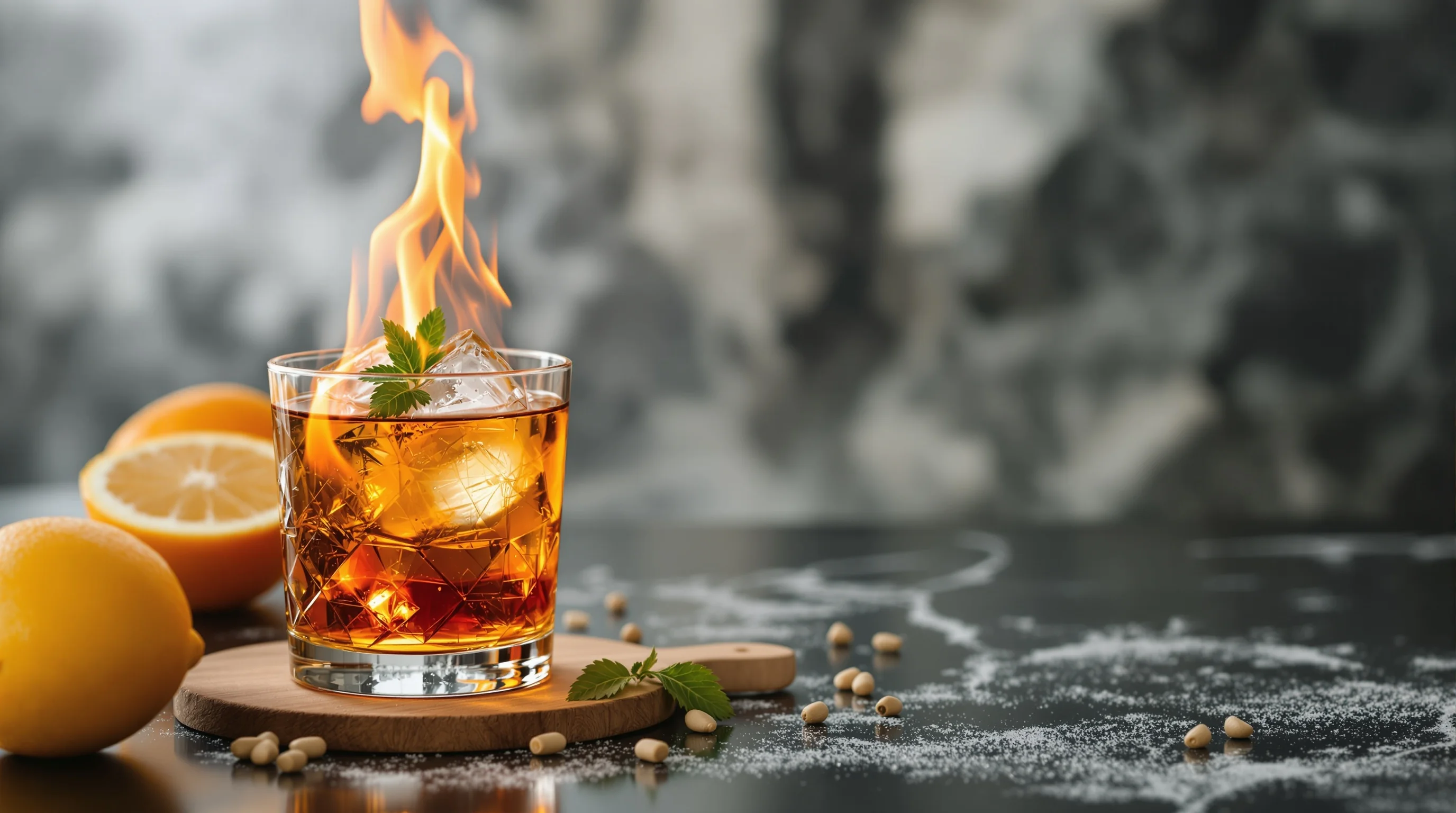 A bartender carefully igniting a flaming cocktail in a dimly-lit bar, showing a vibrant orange flame above the glass
