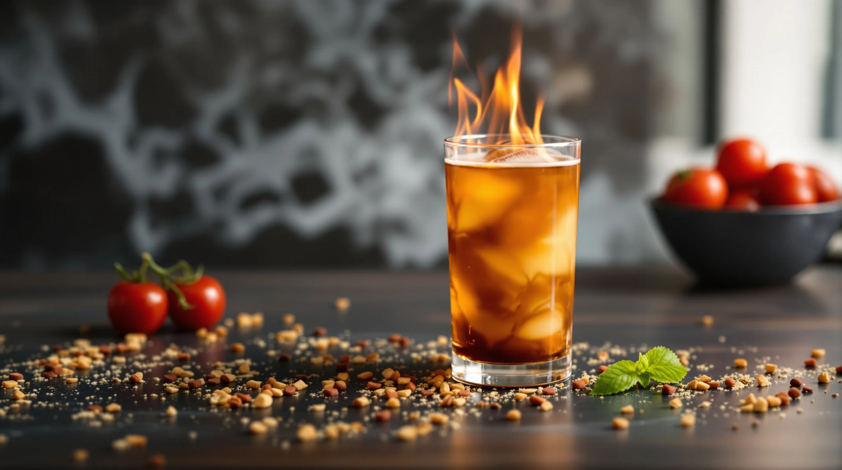 Flame on a cocktail being extinguished with a metal shaker tin, showing safe extinguishing technique