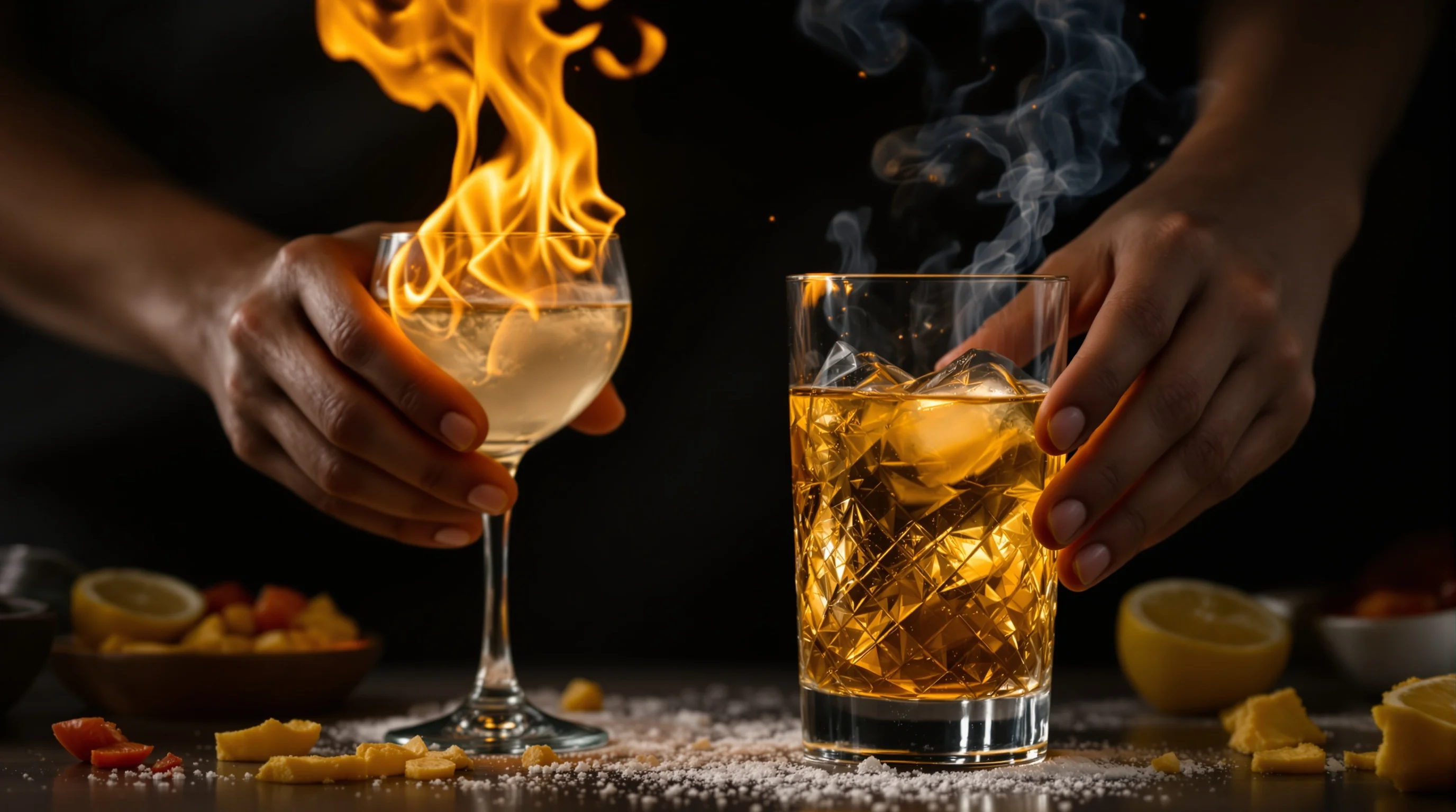 Bar staff cleaning a cocktail glass after extinguishing a small flame