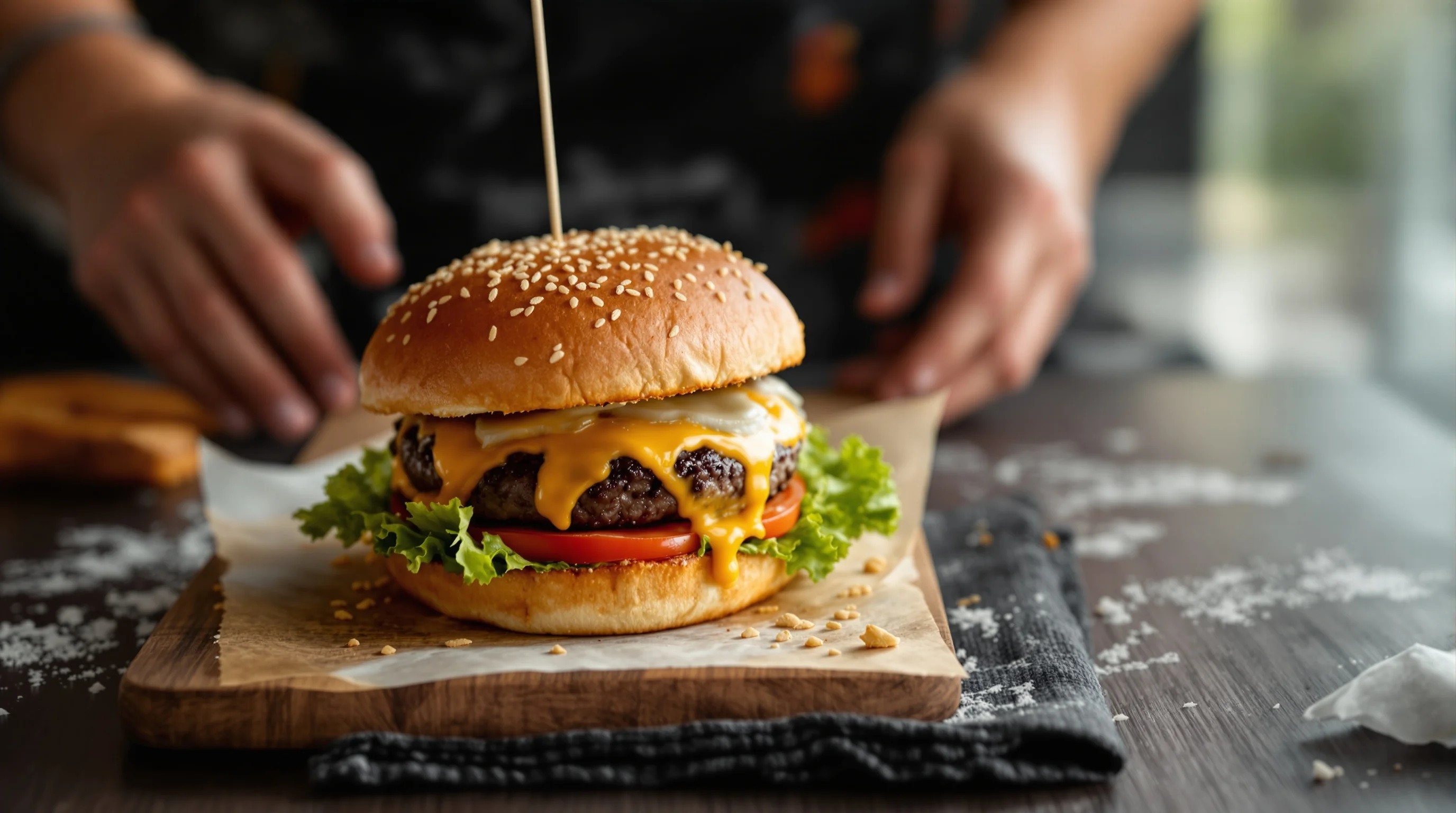 Side profile of a cheeseburger with melted cheddar dripping and a blurred rustic background