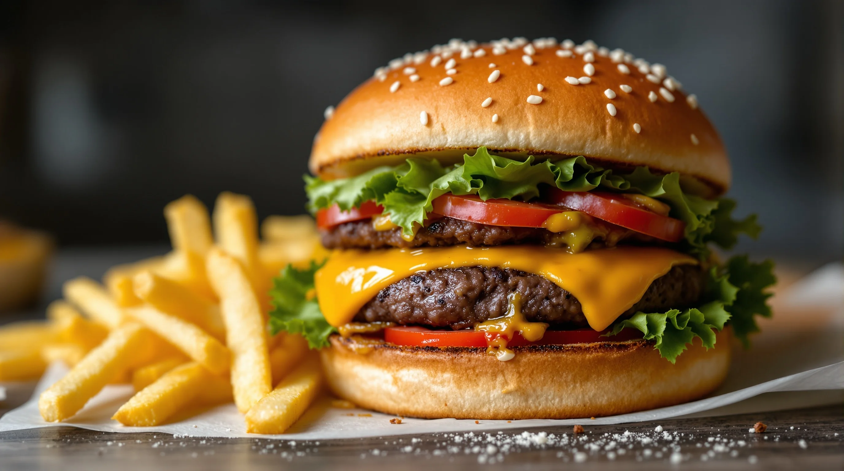 Smartphone setup with a burger on a wooden board and a small LED panel