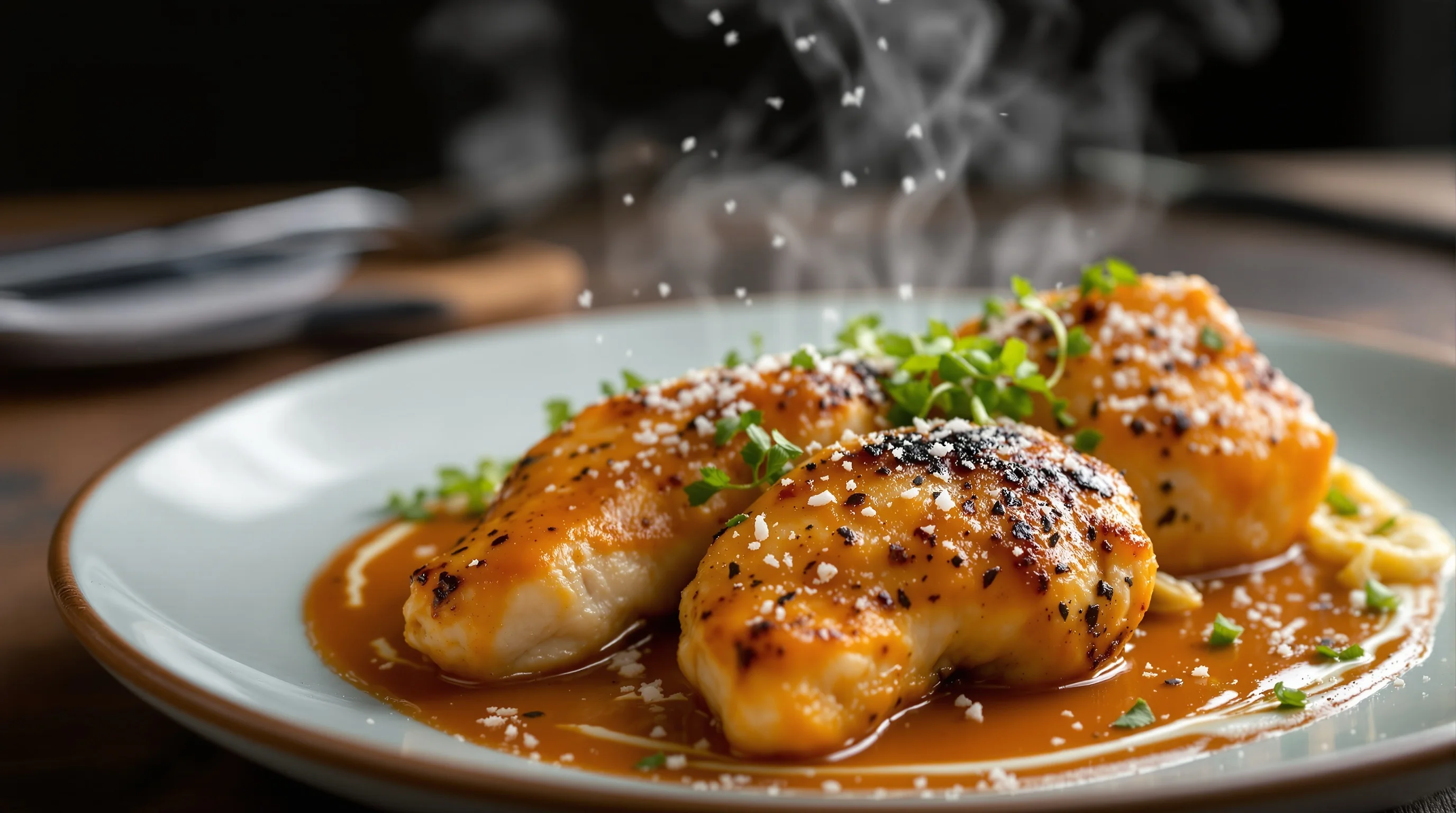 Hero image: plated roasted chicken with garnishes on wood table, soft daylight
