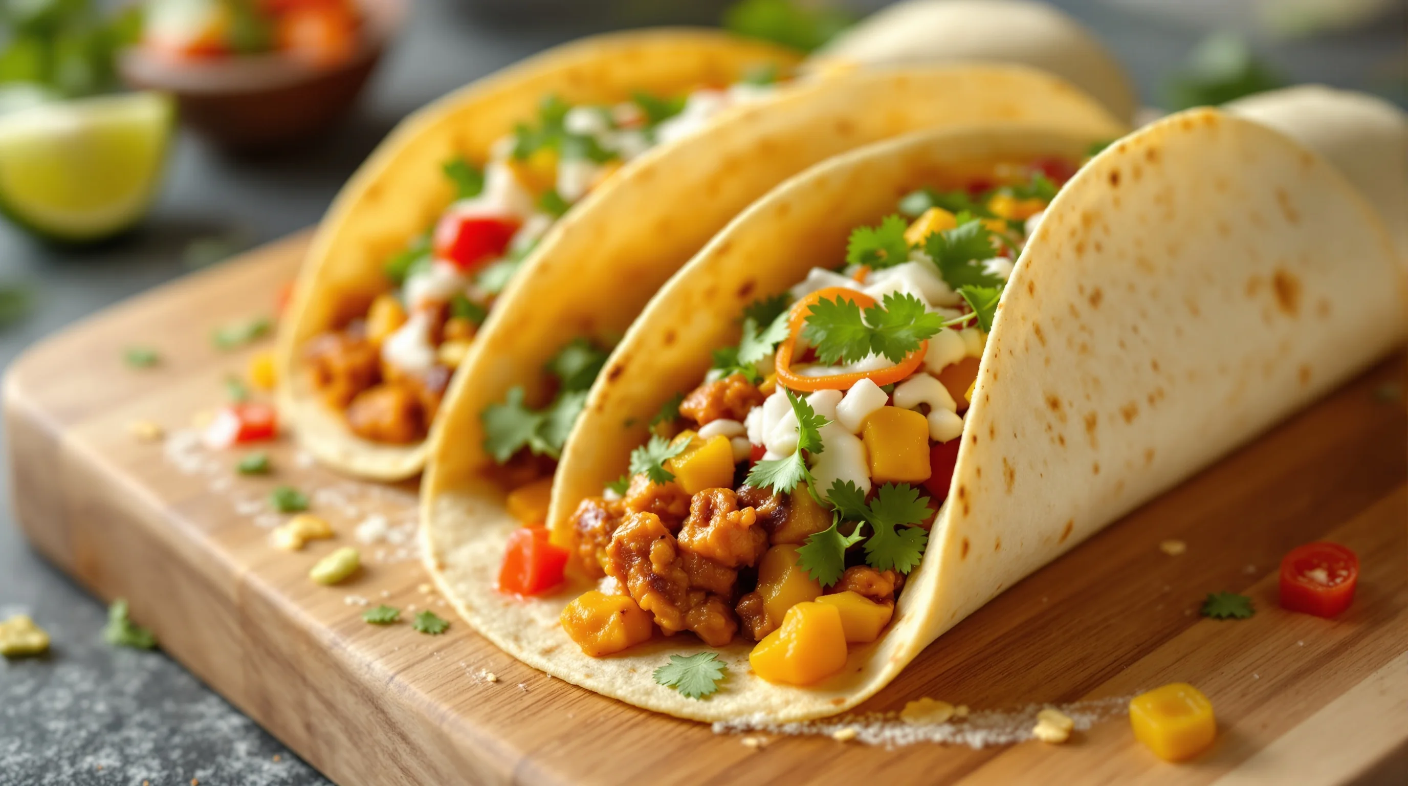 Overhead shot of a colorful Mexican spread with tacos and burritos on a rustic table