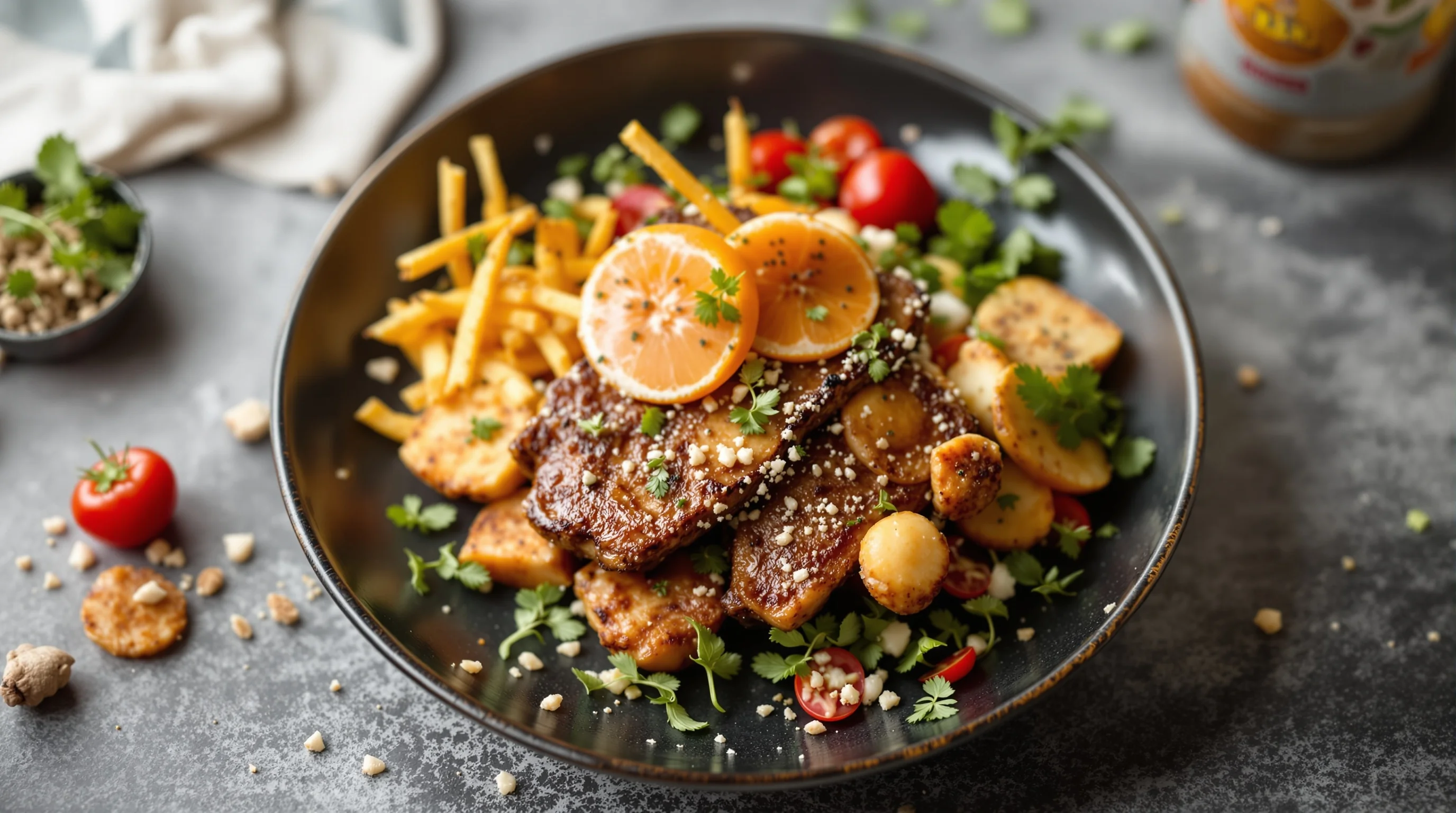 Bright flat-lay overhead shot of a styled meal with bowl, utensils and ingredients