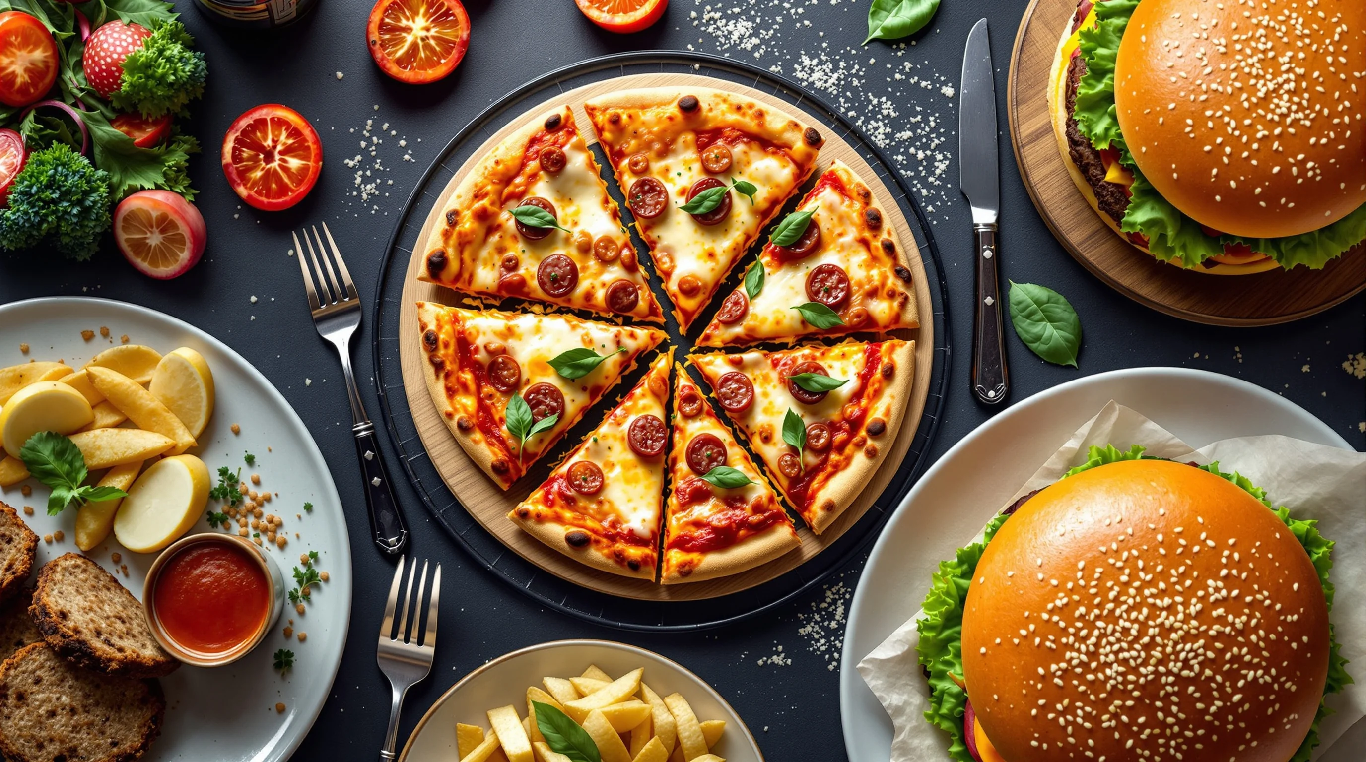 Sequence of three images showing pizza from overhead, 45°, and close-up