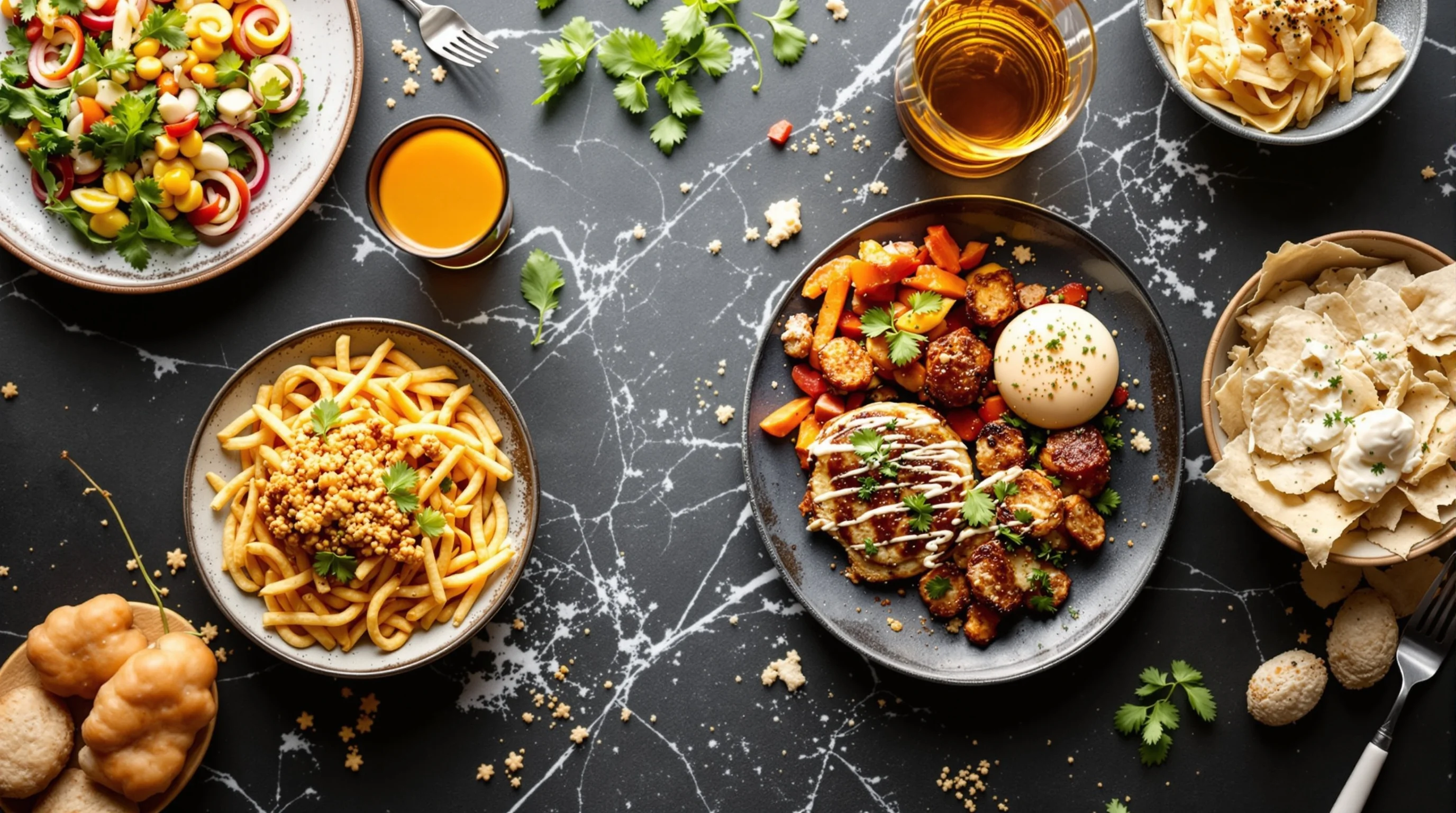 A series of overhead dish images styled consistently for a restaurant menu