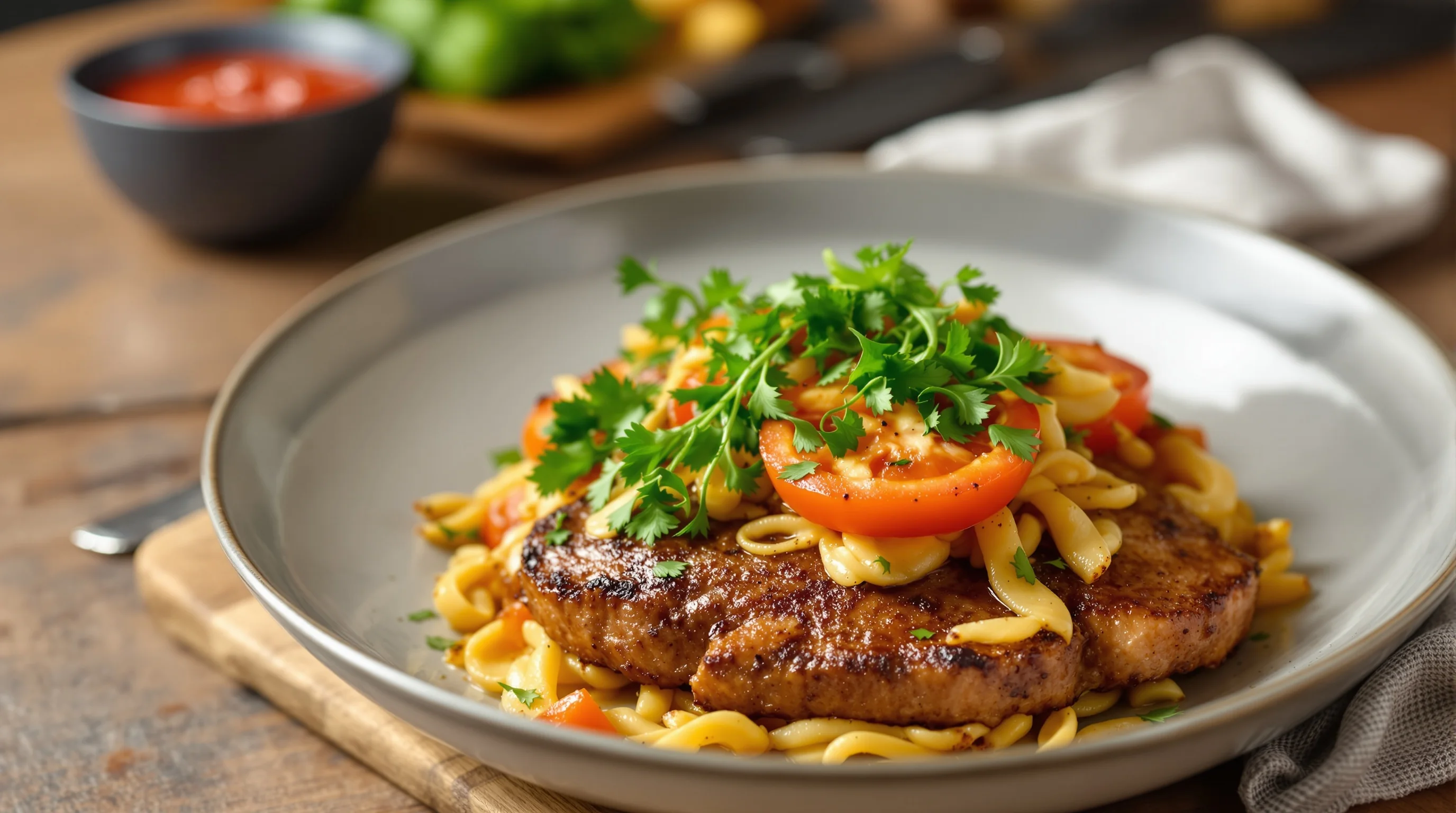 Bright close-up of a single dish on a neutral surface showing ideal Uber Eats composition