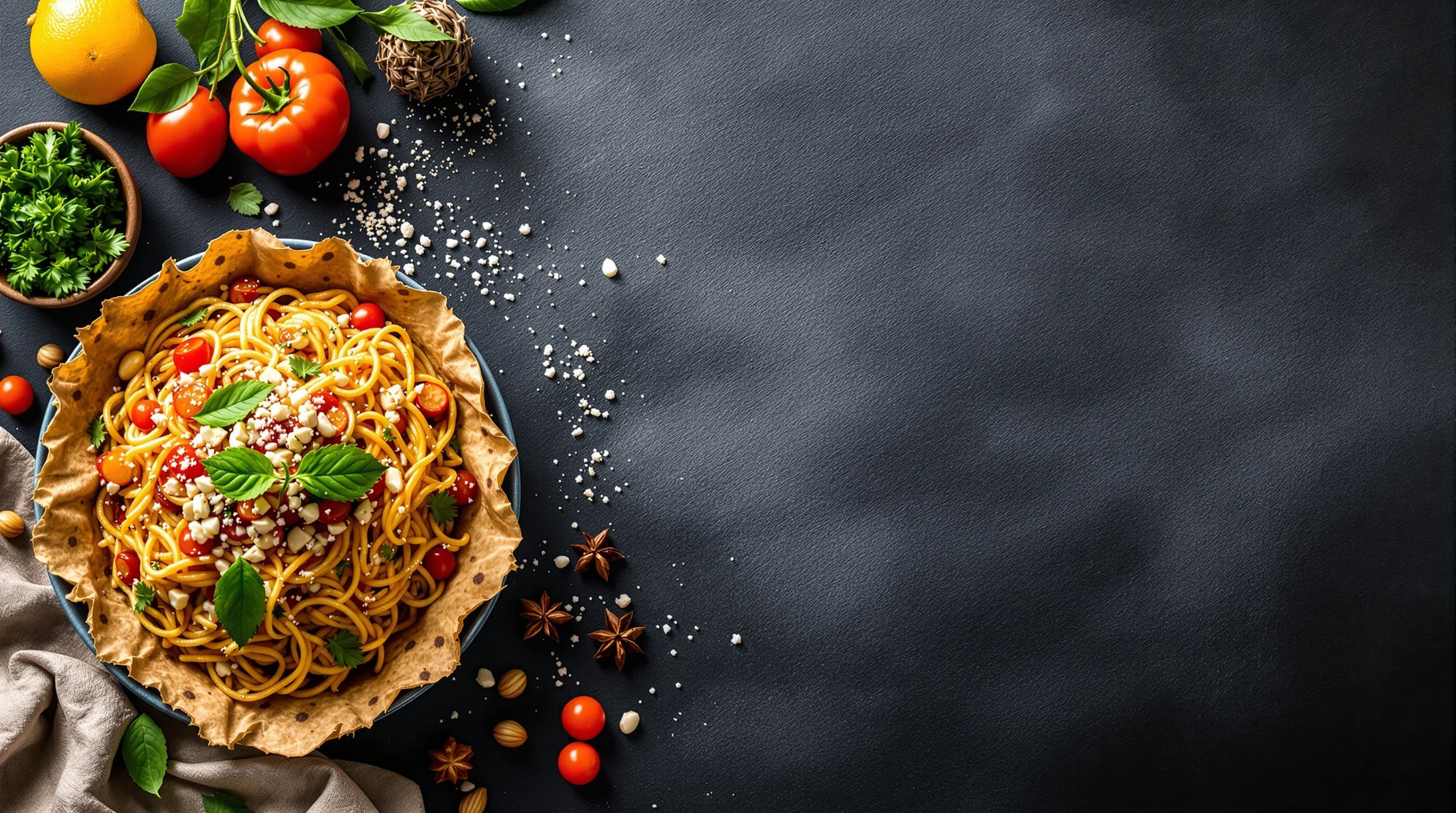 A vibrant top-down shot of a food stylist at work arranging a styled dish on a photography set, with visible props and camera equipment.