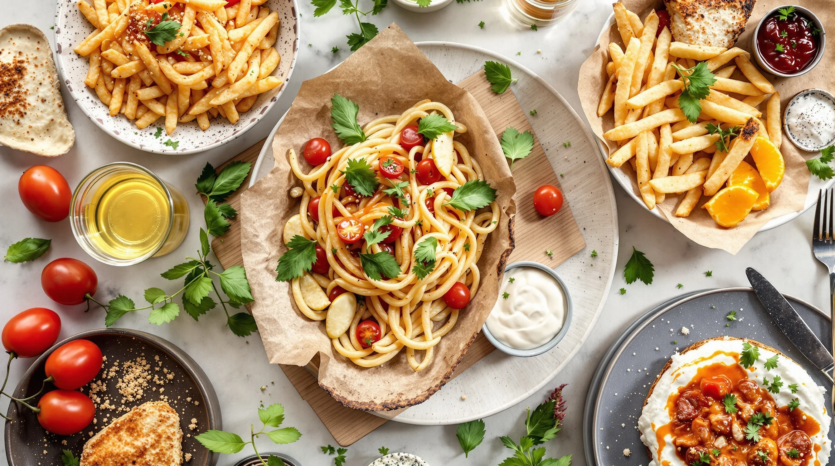 Close-up of styled dish with selective focus showing texture and garnish details under studio lights.
