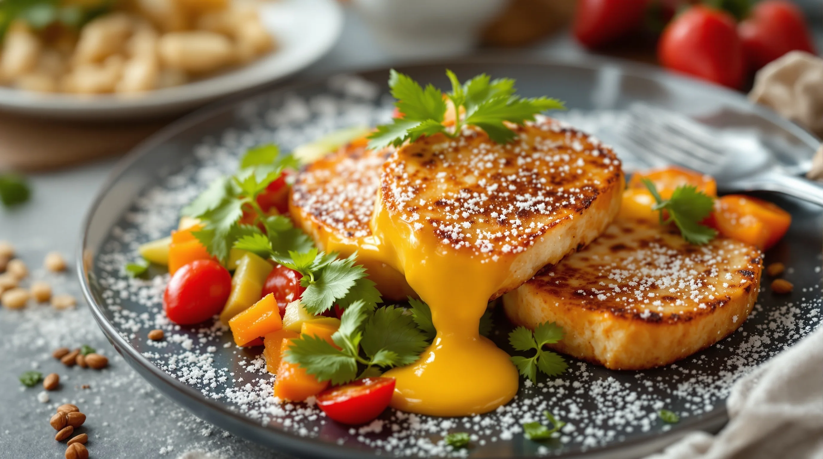 A DSLR on a tripod angled downward at a plated dish with the zoom barrel extended, showing lens creep risk