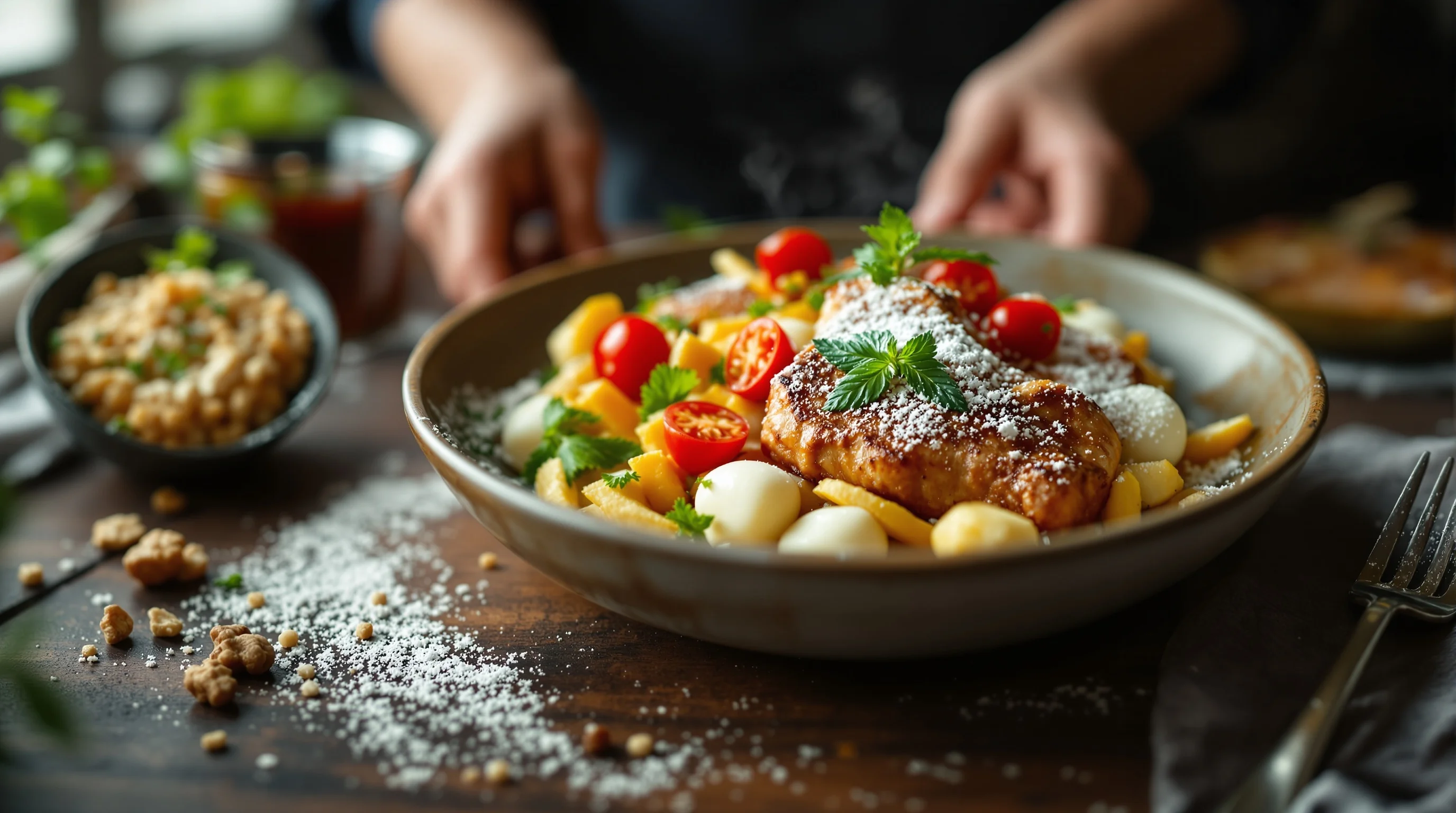 A smartphone before and after AI enhancement showing improved framing and sharpness for a menu photo