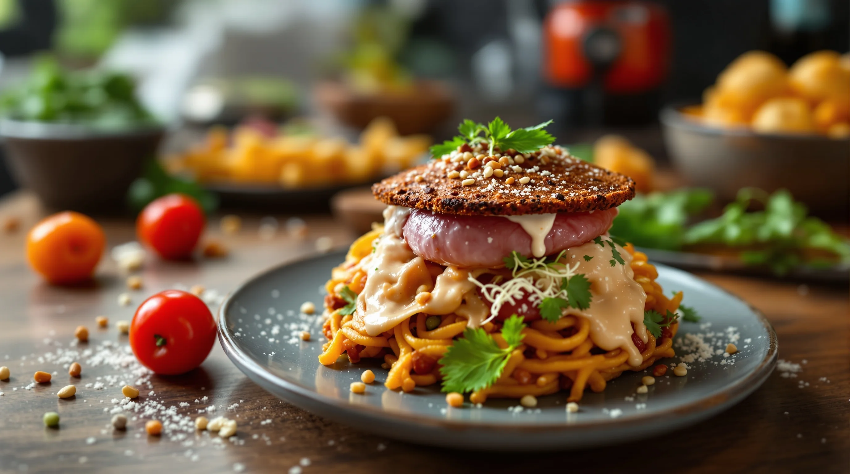 Photographer using a DSLR with macro lens capturing a colorful plated dish at a slight angle