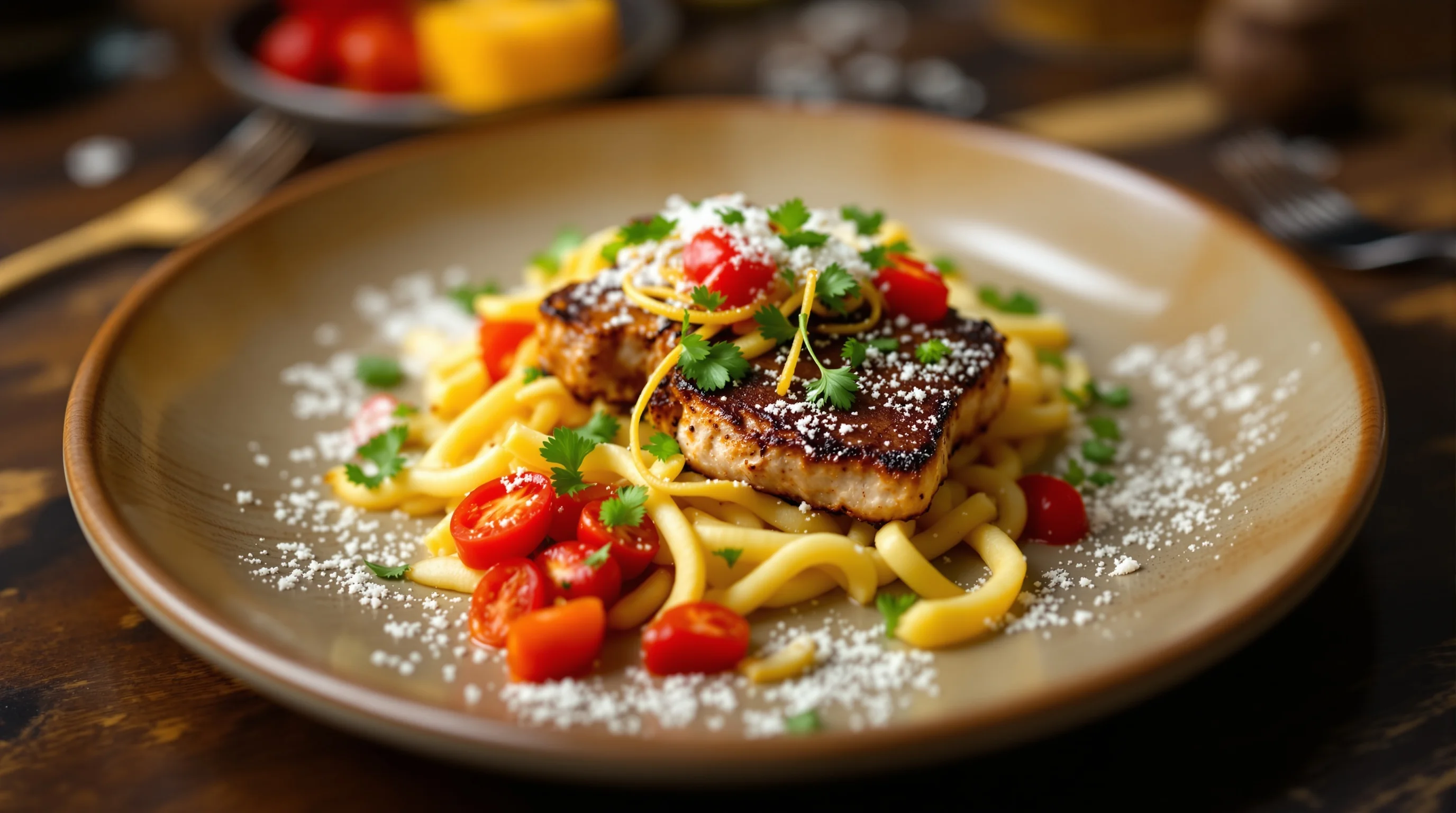 Split-screen: dull phone photo vs AI-enhanced vibrant dish