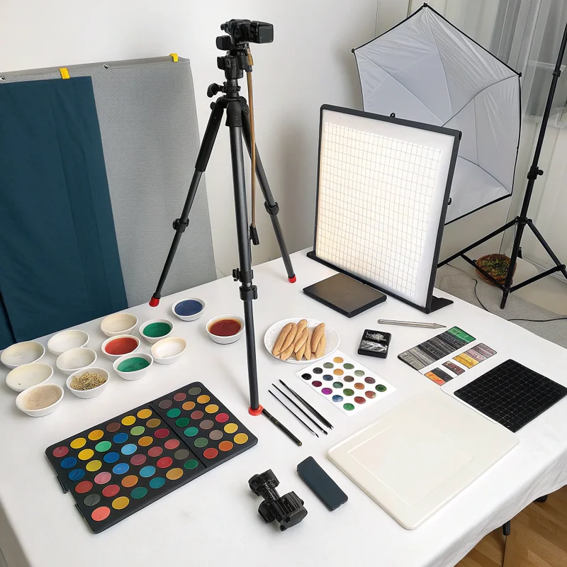 Professional food photography equipment flat lay